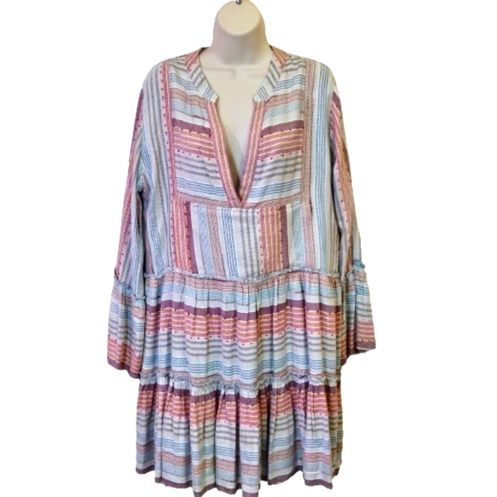 Habit Blue/Red Multi-Color Textured Stripe Bell Sleeve Babydoll Dress,Large